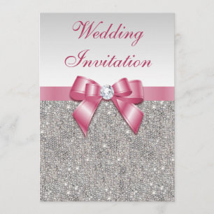 Printed Silver Sequins and Bow Pink Wedding Invitation