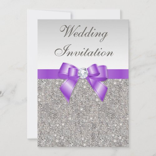 Printed Silver Sequins and Lavender Bow Wedding Invitation