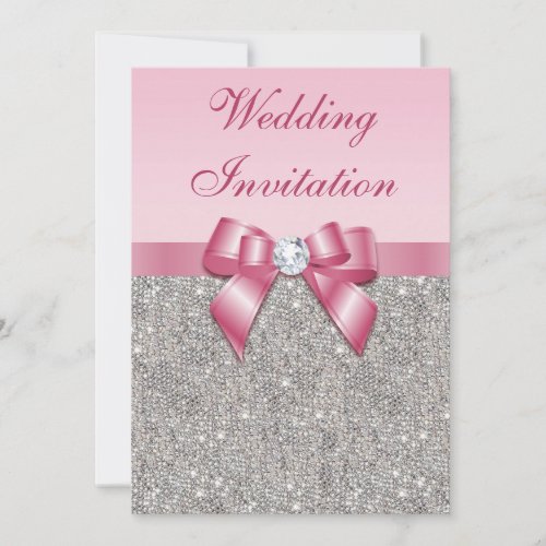 Printed Silver Sequins and Pink Bow Wedding Invitation