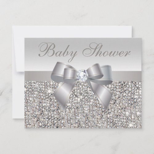 Printed Silver Sequins Bow  Diamond Baby Shower Invitation