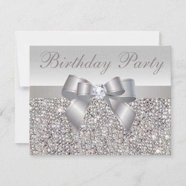 Printed Silver Sequins, Bow & Diamond Birthday Invitation (Front)