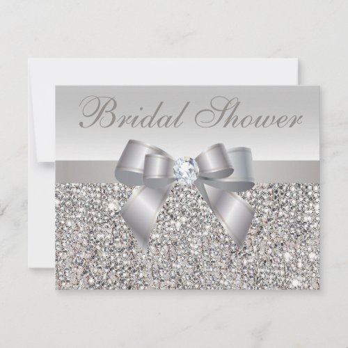 Printed Silver Sequins Bow  Diamond Bridal Shower Invitation