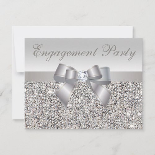 Printed Silver Sequins, Bow &amp; Diamond Engagement Invitations