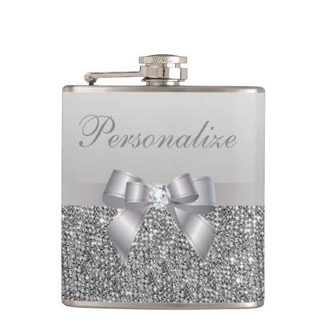 Printed Silver Sequins, Bow & Diamond ImageElegant Hip Flask (Front)