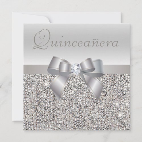 Printed Silver Sequins Bow  Diamond Quinceanera Invitation