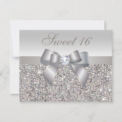 Printed Silver Sequins Bow  Diamond Sweet 16 Invitation