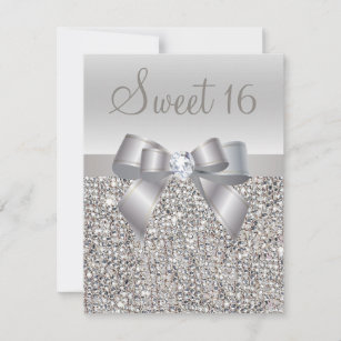 Printed Silver Sequins, Bow & Diamond Sweet 16 Invitation