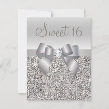 Printed Silver Sequins  Bow & Diamond Sweet 16 Invitation by AJ_Graphics at Zazzle