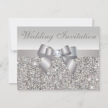Printed Silver Sequins  Bow & Diamond Wedding Invitation by AJ_Graphics at Zazzle