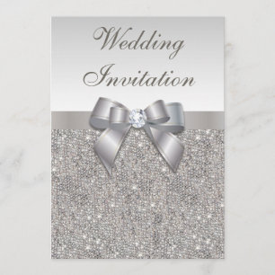 Printed Silver Sequins Diamonds and Bow Wedding Invitation
