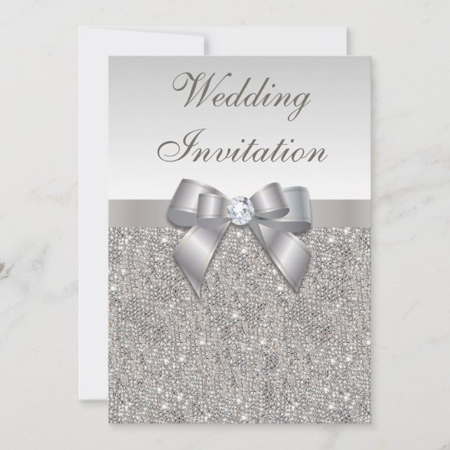 Printed Silver Sequins Diamonds and Bow Wedding Invitation (Front)