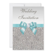 Printed Silver Sequins Diamonds Teal Bow Wedding