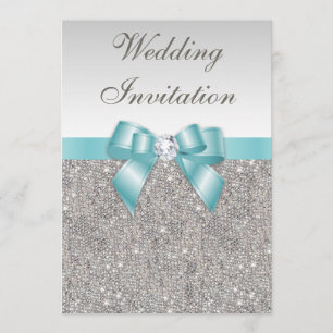 Printed Silver Sequins Diamonds Teal Bow Wedding Invitation