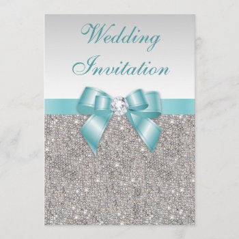 Printed Silver Sequins Diamonds Teal Bow Wedding Invitation by GroovyGraphics at Zazzle