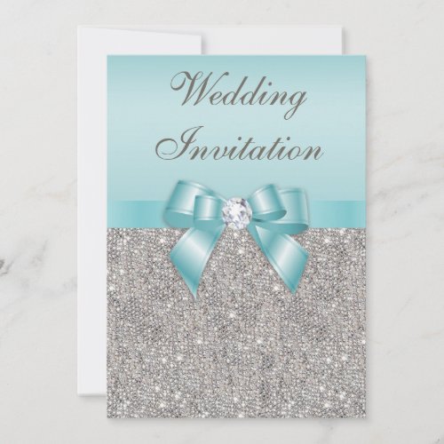 Printed Silver Sequins Diamonds Teal Bow Wedding Invitation