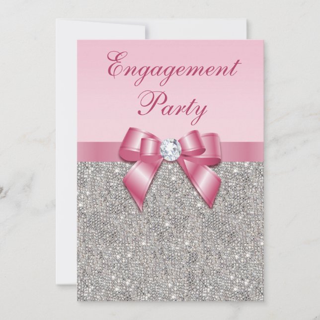Printed Silver Sequins Pink Bow Engagement Party Invitation (Front)