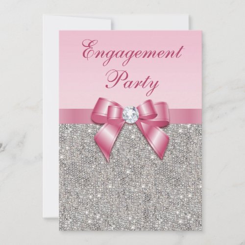 Printed Silver Sequins Pink Bow Engagement Party Invitation