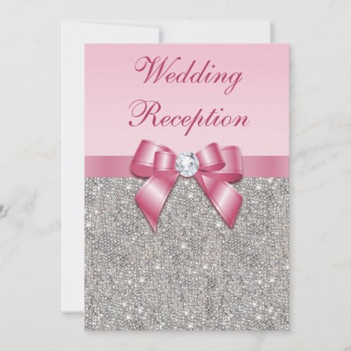 Printed Silver Sequins Pink Bow Wedding Reception Invitation