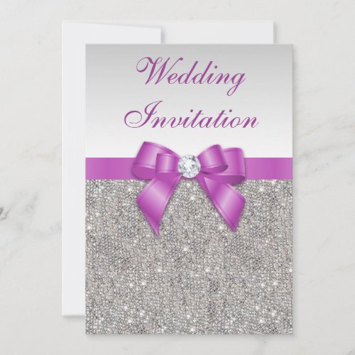 Printed Silver Sequins Radiant Orchid Bow Wedding Invitation