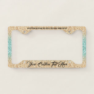 printed sparkle effect Bling Glitter gold teal License Plate Frame