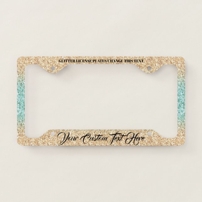 printed sparkle effect Bling Glitter gold teal License Plate Frame (Front)