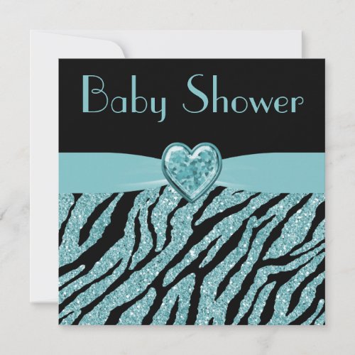 Printed Teal Heart &amp; Zebra Glitter Baby Shower Announcements