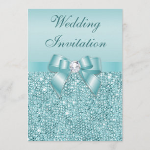 Printed Teal Sequins Diamonds Faux Bow Wedding Invitation