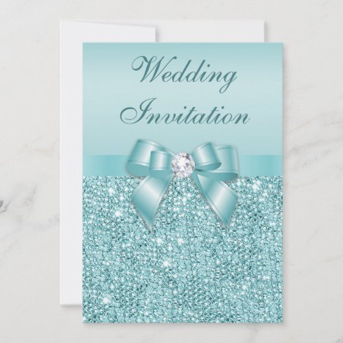 Printed Teal Sequins Diamonds Faux Bow Wedding Invitation