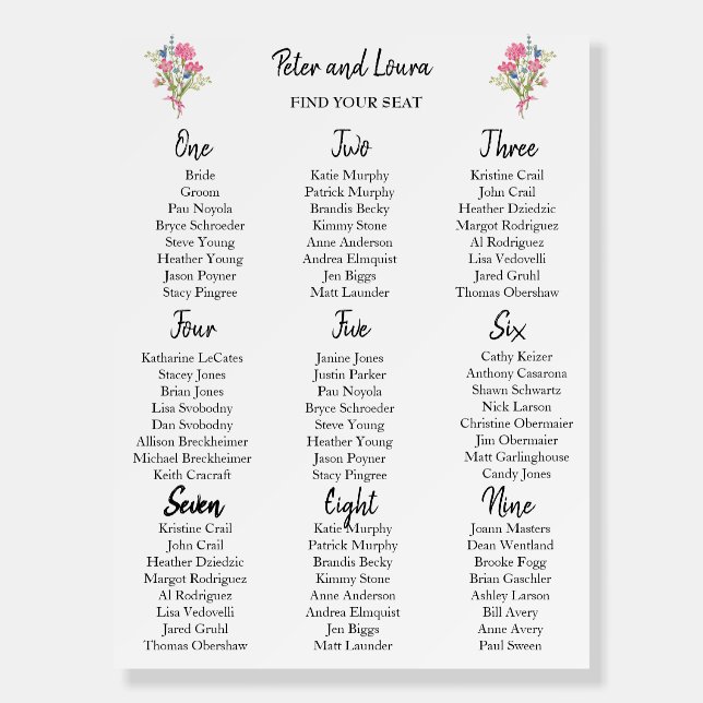 Printed Wedding Seating Chart  Personalized  Foam Board (Front)