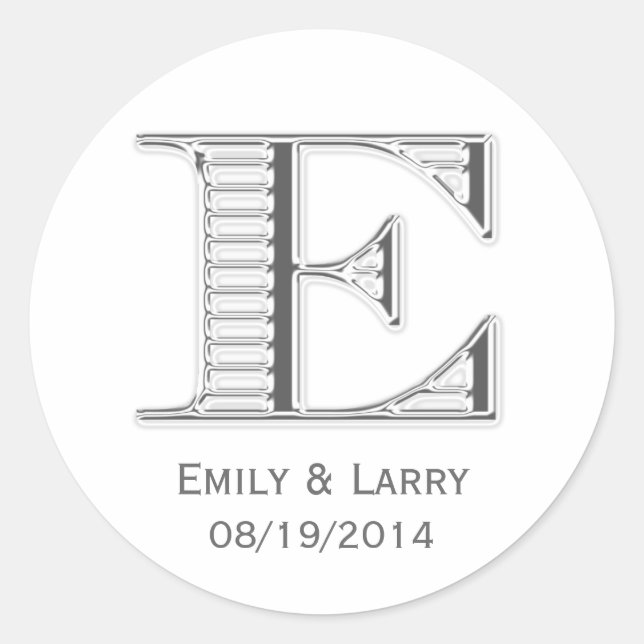 Printed white chrome monogram E wedding favor Classic Round Sticker (Front)