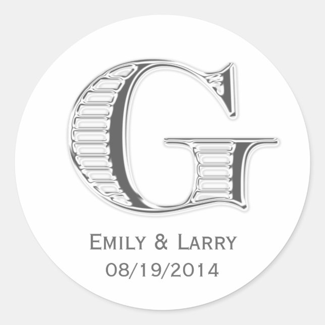 Printed white chrome monogram G wedding favor Classic Round Sticker (Front)