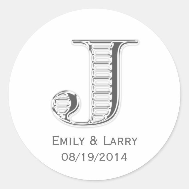 Printed white chrome monogram J wedding favor Classic Round Sticker (Front)