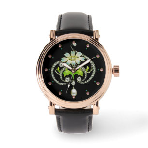 PRINTED WHITE ENAMEL FLOWER ,PEARLS AND DIAMONDS WATCH