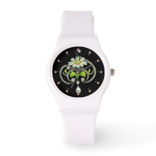 PRINTED WHITE ENAMEL FLOWER ,PEARLS AND DIAMONDS WATCH