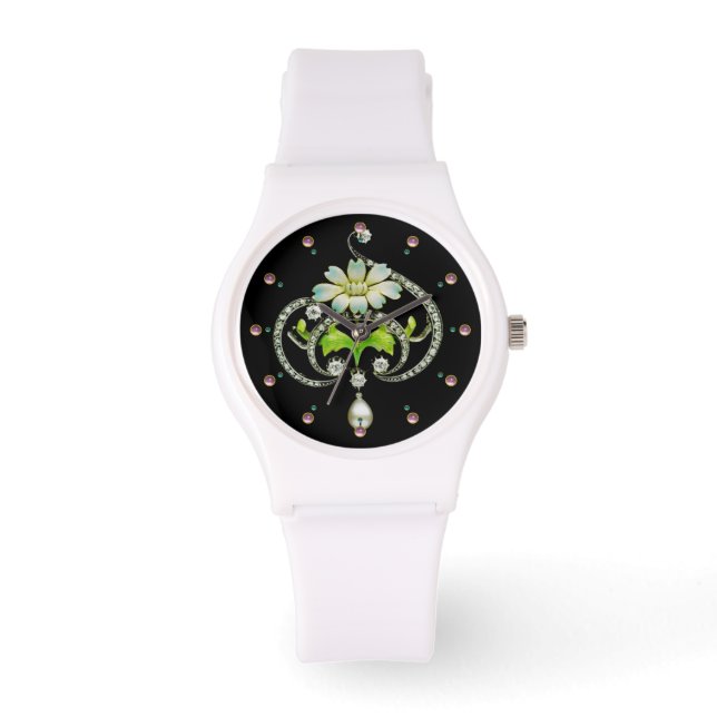 PRINTED WHITE ENAMEL FLOWER ,PEARLS AND DIAMONDS WATCH (Front)
