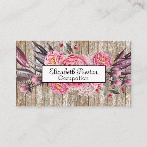 Printed Wood Pink Peony Bloom Floral Business Card