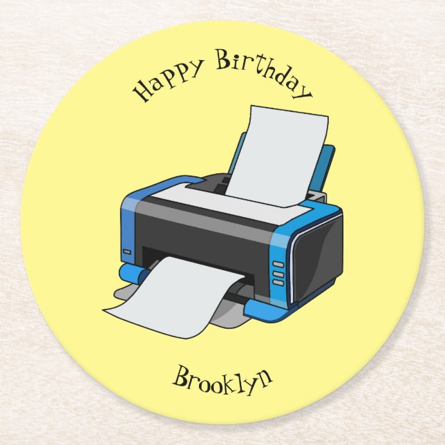 Printer cartoon illustration round paper coaster (Front)