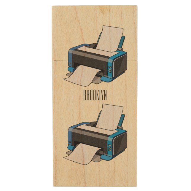 Printer cartoon illustration wood flash drive (Front Vertical)