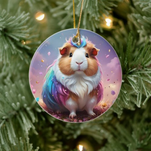 Prism Pigtail: The Radiant Unicorn Guinea Pig, Ceramic Ornament