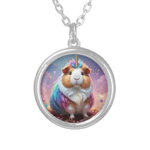 Prism Pigtail: The Radiant Unicorn Guinea Pig Silver Plated Necklace