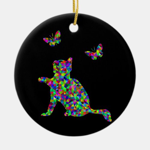 Prismatic Kitten Playing with Butterflies Ceramic Ornament