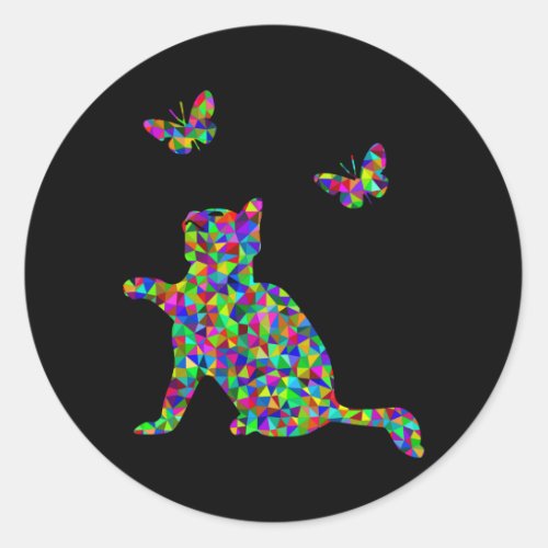 Prismatic Kitten Playing with Butterflies Classic Round Sticker