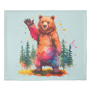 "Prismatic Paws: A Vibrant Forest Greeting Duvet Cover