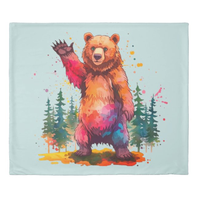 "Prismatic Paws: A Vibrant Forest Greeting Duvet Cover (Front)