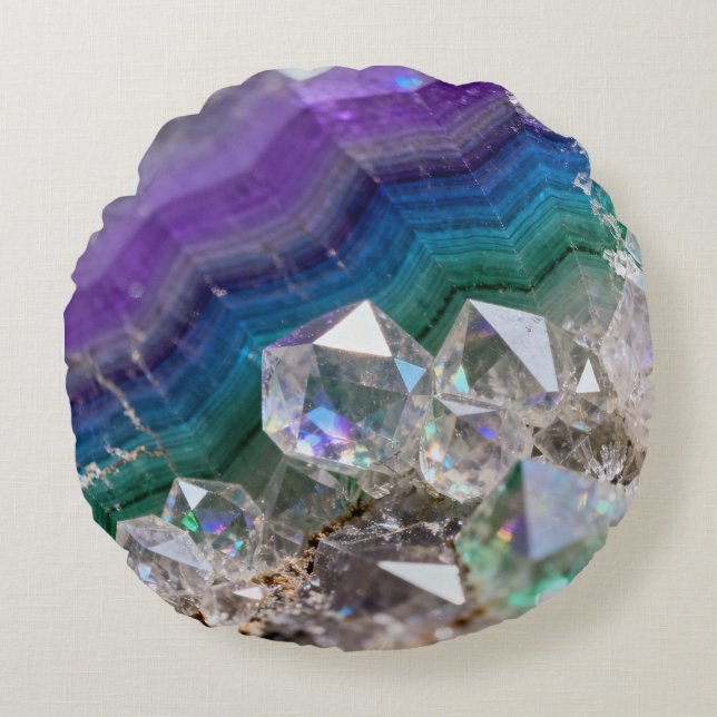Prismatic Quartz Fusion Vibrant Crystal Design Round Pillow (Front)