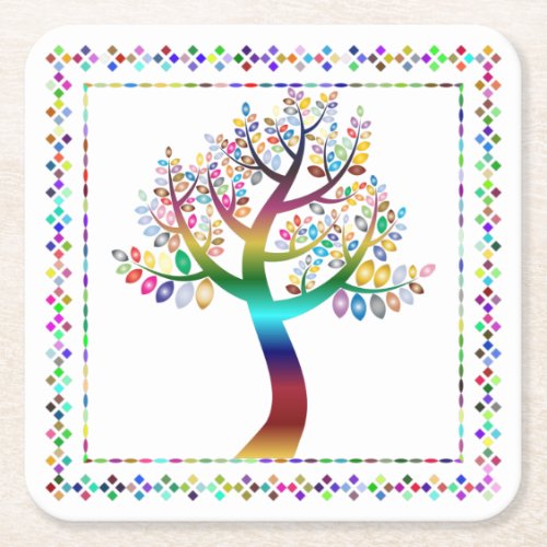 Prismatic Rainbow Tree Colorful Decorative Border Square Paper Coaster