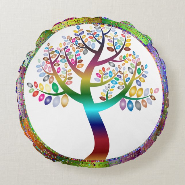 Prismatic Rainbow Tree Decorative Personalized Round Pillow (Front)