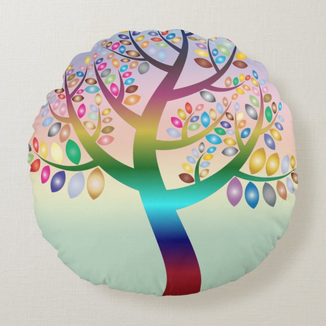 Prismatic Rainbow Tree Decorative Personalized Round Pillow (Front)