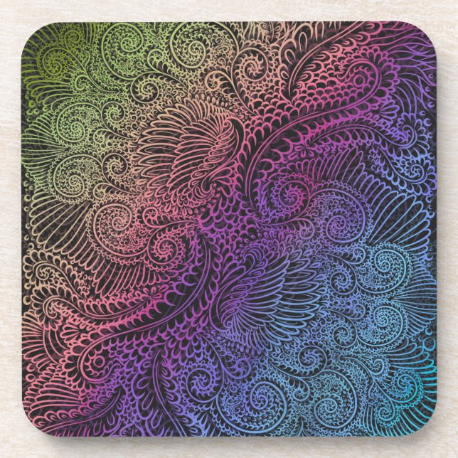 Prismatic Swirl | Rainbow Fractal Feather Art Beverage Coaster (Front)