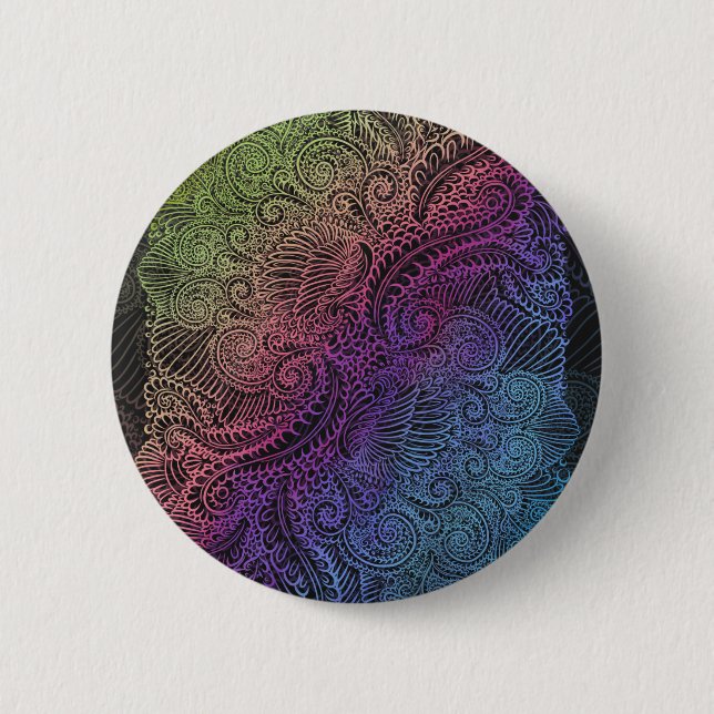 Prismatic Swirl | Rainbow Fractal Feather Art Pinback Button (Front)